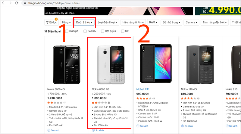 Chọn sản phẩm dưới 2 triệu